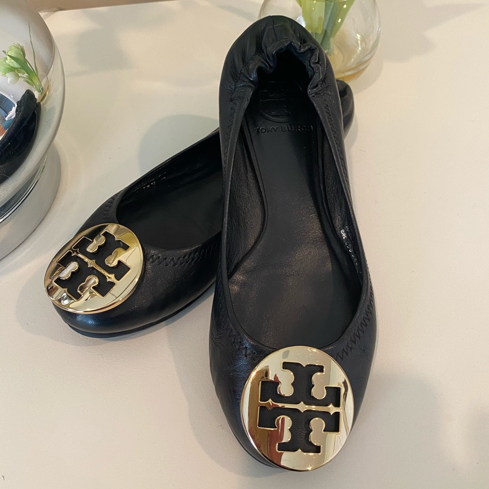 Tory Burch Reva Black Leather Ballet Flats
